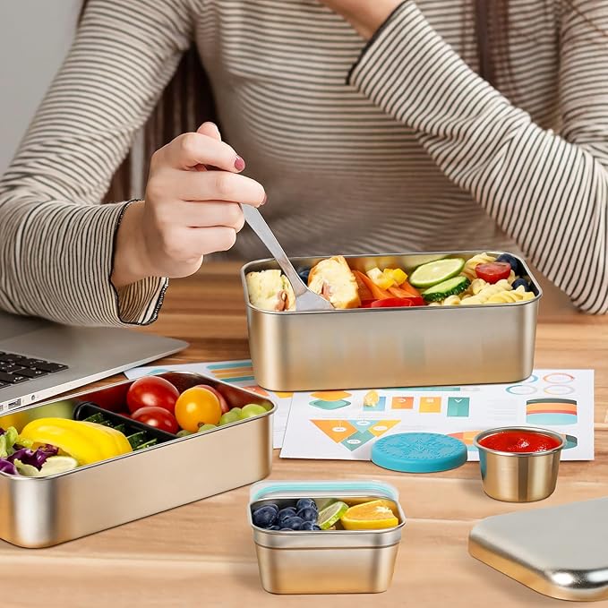 Stackable Stainless Steel Bento Box for Adults with Snack Container, Metal Leak-Proof Food Containers with Detachable Divider, Double Layer Bento Lunch Box for Work Travel, BPA-Free, Dishwasher Safe