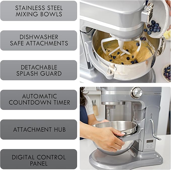 Kenmore Elite 600W Bowl Lift Stand Mixer - Digital 10 Speed Mixing, Electric, Countertop, Heavy Duty, Kitchen Appliance, 5 & 6 Qt Stainless Steel Bowls With Flat Beater, Whisk, Dough Hook Attachments
