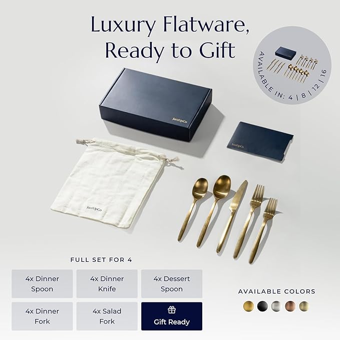 JazzUpCo Ava Flatware Flatware non toxic 18/10 stainless steel dishwasher safe (Matte Gold, 4 Person Set (20 Pieces))