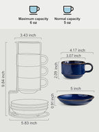 Gomakren 6 Ounce Cappuccino Cups with Saucers and Metal Stand, Stackable Coffee Cup Set of 4, Halloween Porcelain Espresso Cups for Coffee Drinks, Cappuccino, Latte, Americano, Tea, Cobalt Blue