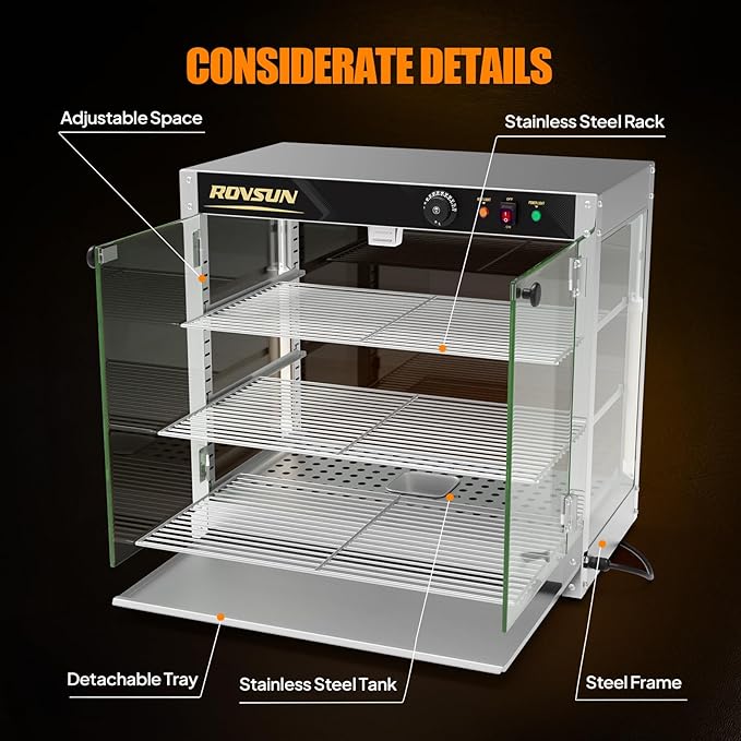 ROVSUN 3-Tier Commercial Food Warmer, 27" Pizza Warmer Food Warmer Display with LED Adjustable Lighting Glass Door Removable Shelves, Countertop Electric Food Warmer for Buffet Restaurant 110V 800W