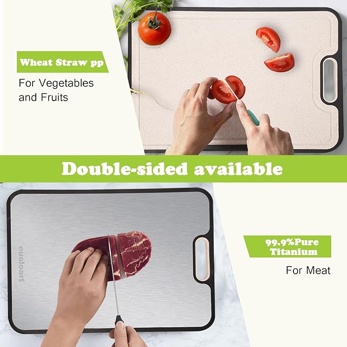 Titanium Cutting Boards for Kitchen, Cutting Board Double Sided Food Grade, Pure Titanium and Wheat Straw PP, Dishwasher Safe Easy to Clean Large Size 16”×11”