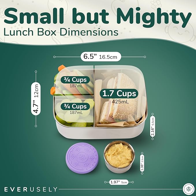 Everusely - Bento Box - Lavender, 27oz / 0.8 L - Stainless Steel Lunch Box with Leakproof Condiment Container - 3 Compartment Snack Organizer for On the Go Meals - Freezer & Dishwasher Safe
