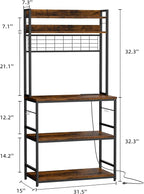 Shintenchi Bakers Rack with Power Outlet, Large Storage Space, 10 Hooks Coffee Bar with Metal Wire Panel, High Microwave Stand, Classic Kitchen Storage Shelf Design, Vintage Brown