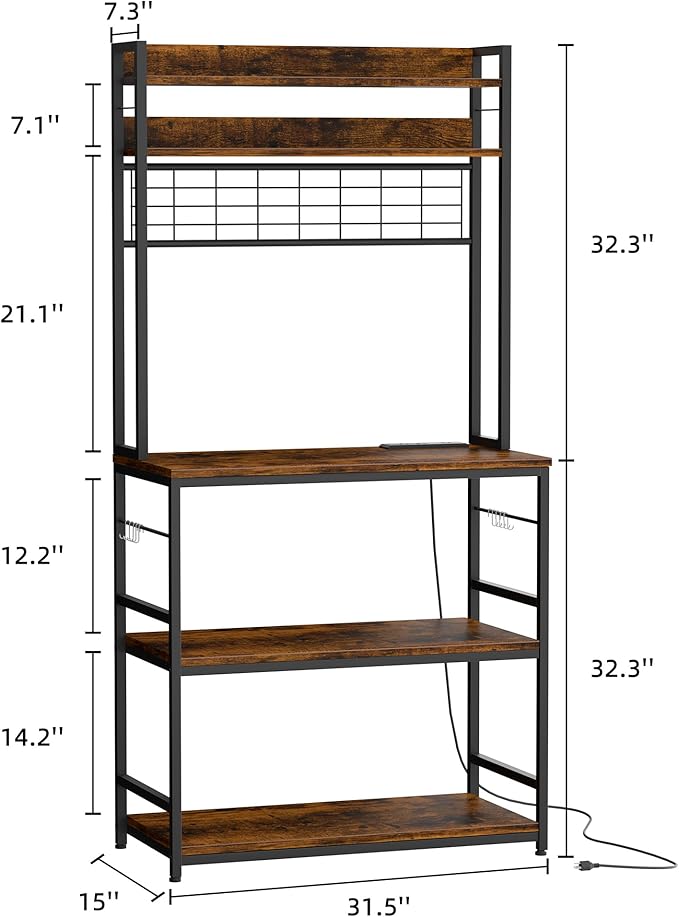 Shintenchi Bakers Rack with Power Outlet, Large Storage Space, 10 Hooks Coffee Bar with Metal Wire Panel, High Microwave Stand, Classic Kitchen Storage Shelf Design, Vintage Brown
