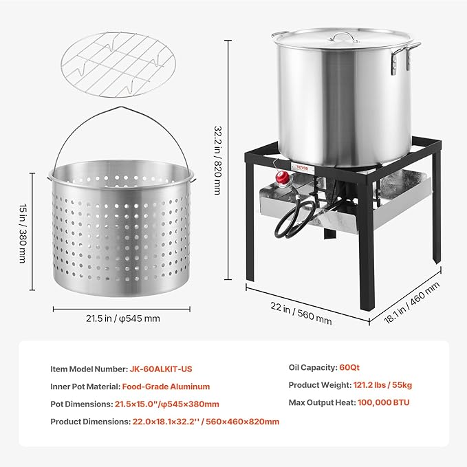 VEVOR 60 Qt Seafood Boiling Kit with Strainer, Outdoor Seafood Boil Pot and Basket, Cooking Set for Crab Crawfish Lobster Boiling, Aluminum Stockpot with 100,000 BTUs Propane Burner and Steamer Rack