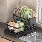 Dish Drying Rack for Kitchen Counter 2 Tier – Large Large Stainless Steel Dish Drainer with Drainboard & Utensil Holder, Bowl Rack，Easy Stallation Quick Drying Black Dish Rack Organizer,1-Pack