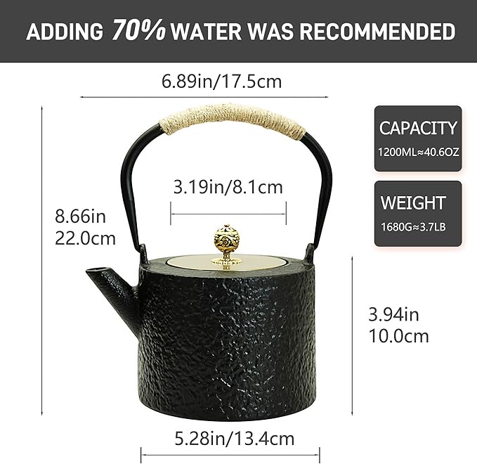 40.6oz Cast Iron Teapot for Stovetop, Japanese Black Tetsubin with Enamel, Tea Pot with Stainless Steel Infuser for Loose Tea, 1200ml Small Tea Kettle(Cylindrical Shape)