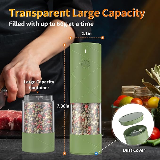 2Pack Electric Salt and Pepper Grinder Set USB Rechargeable with Warm LED Light, Adjustable Coarseness Lidaop Large Capacity Automatic Salt Pepper Mill Grinder for Kitchen, Restaurant, Outdoor, Green