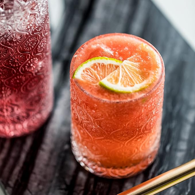 Glass Cups Vintage Glassware Set of 4, Drinking Glasses 9oz, Embossed Pattern Style Transparent Cocktail Glasses Set, for Ice Coffee,Juice,Beer,Bar Beverages,Drinkware, Transparent (S)