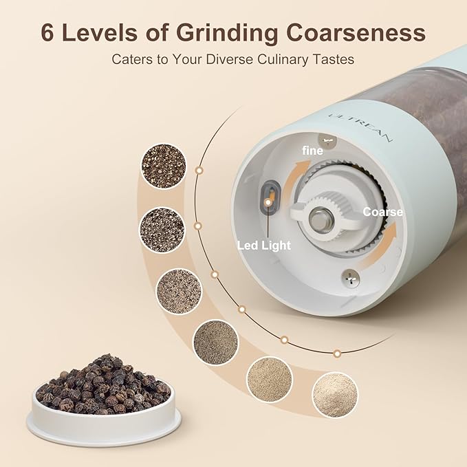 Ultrean Pepper Grinder, Rechargeable Salt and Pepper Grinder with 6 Adjustable Coarseness, LED Light, One-Hand Automatic Operation, Blue