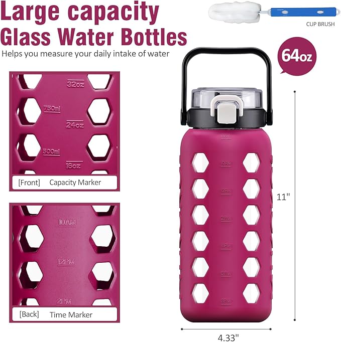 MUKOKO Half Gallon/64 oz Glass Water Bottles with Straw and Lid,Motivational Water Jug with Time Marker Reminder and Silicone Sleeve,100% Leakproof BPA Free Fitness Sports Large Bottle-Rose