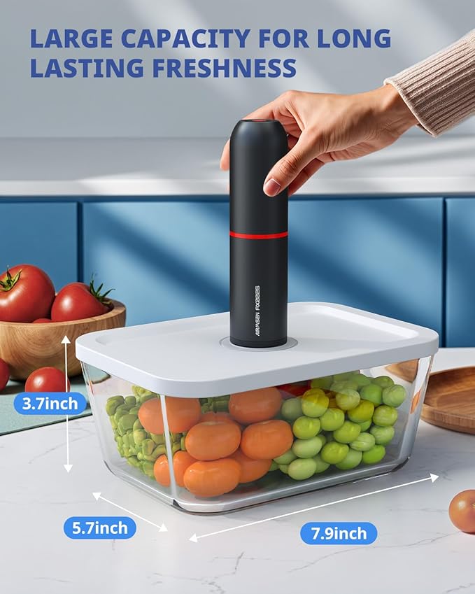 AIRMSEN Handheld Vacuum Sealer with 1.4L Glass Vacuum Container and 11 PCS Reusable Sous Vide Bags, Compact Vacuum Sealer Machine for Food Storage