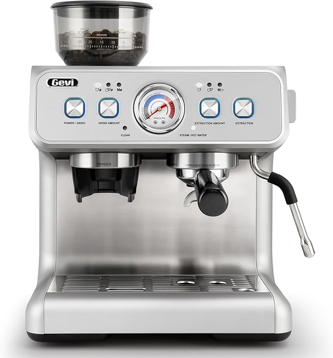 Gevi Dual Boiler Espresso Machine with Built-in Grinder, 58mm Commercial Portafilter, Barista Steam Wand, 31 Grind Settings, Stainless Steel, for Home Barista Use, Sterling Silver