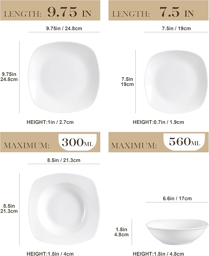 MALACASA Dinnerware Sets, 24-Piece Porcelain Square Dishes, Grey White Ceramic Dish Set for 6, Chip and Scratch Resistant Plates and Bowls Sets, Series ELISA