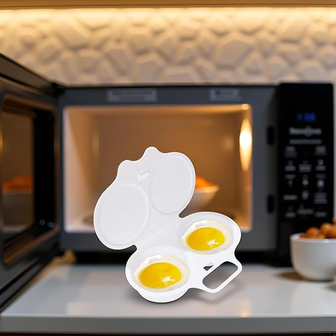2-Cavity Nonstick Microwave Egg Poacher with Lid -White Plastic Egg Cooker for Perfect Poached Eggs