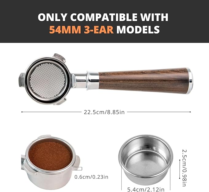 54mm Bottomless Portafilter with 3 Ear, Barista Espresso Portafilter with Stainless Steel Basket and Rosewood Handle, Compatible with Breville 54mm Espresso Machines (Black Rosewood)