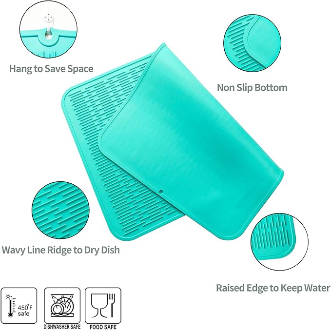 Silicone Dish Drying Mat for Multiple Usage,Easy clean,Eco-friendly,Heat-resistant Silicone Mat for Kitchen Counter or Sink,Refrigerator or Drawer Liner Mint 3XL 28 inches x 18 inches
