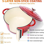 Hisencn Enameled Cast Iron Cookware Set - 7 Piece Dutch Ovens Set, Sauce Pan, Skillet, 3 Lids, Pots and Pans Set, Ceramic Coated Cast Iron, Heavy Duty, Gas/Induction Compatible, PFA Free, Rouge Red