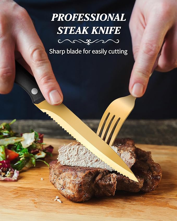 24 Pieces Gold Silverware Set for 4, Retro Royal Flatware Set with Steak Knives, Gorgeous Stainless Steel Cutlery Utensil Set Include Forks Spoons and Knives, Mirror Finish,Dishwasher Safe