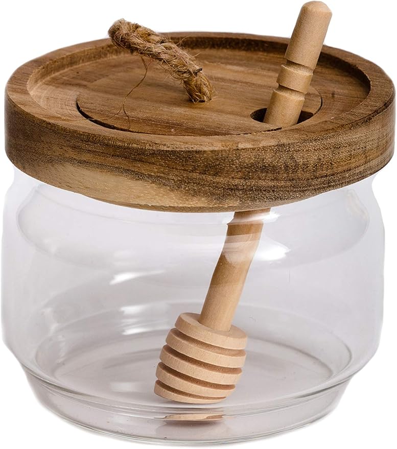 Honey Jar Pot Glass Holder Dispenser Set with Wooden Dipper Stick and Acacia Lid Cover for Home Kitchen, Clear, Modern Honey Syrup Glass Container for Storage Gift, Honey Pot and Drizzler (9 Oz)