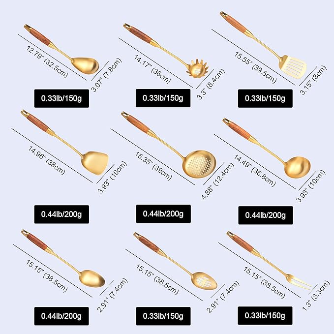 Gold Kitchen Utensils Set, 9 PCS 18/10 Stainless Steel Cooking tools Wood Handle, Solid and Slotted Spoon, Fork, Spatula, Ladle, Skimmer, Slotted Tunner, Spaghetti and Large Spoon