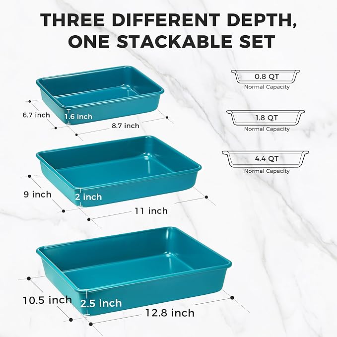 HONGBAKE Deep Baking Pans Set Nonstick, 3 Pack Large Rectangular Sheet Cake Pans,13/11/9Inch Oven Metal Baking Sheet Set, Stackable Non Toxic Bakeware for Baking Lasagana, Blue