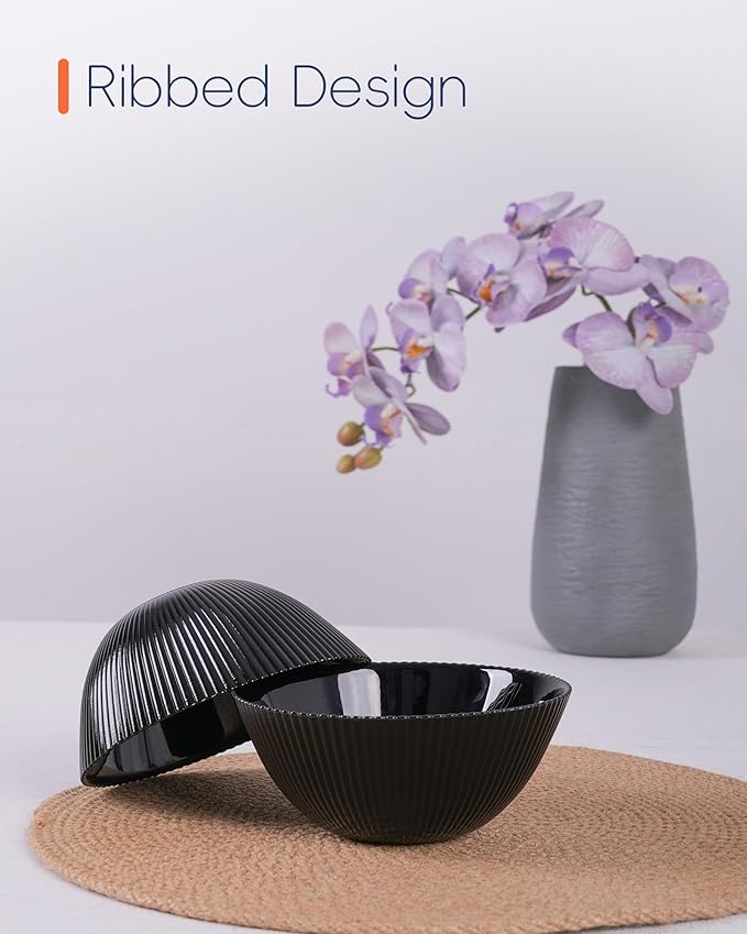 20 OZ Max Black Opal Glass Cereal Bowl Set of 6, 6 inch Dishwasher & Microwave Safe Round Ribbed Bowls for Kitchen, Salad, Soup and Rice