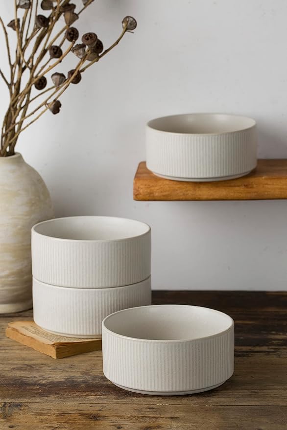 famiware Star Cereal Bowl Set, Soup Bowls Set of 6, Double Reactive Glaze, Stackable, 23oz Deep Bowls Suitable for Cereal, Popcorn, Oatmeal, Dessert - Dishwasher and Microwave Safe, Matte White