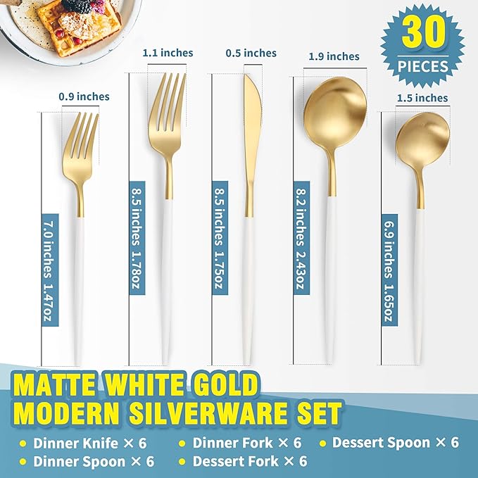 Lemeya Matte White Gold Silverware Set for 6,Modern Stainless Steel Brushed Cutlery Set,30-Pieces Heavy Duty Flatware Set,Knives Spoons and Forks Set Utensils Set, Satin Finish, Dishwasher Safe
