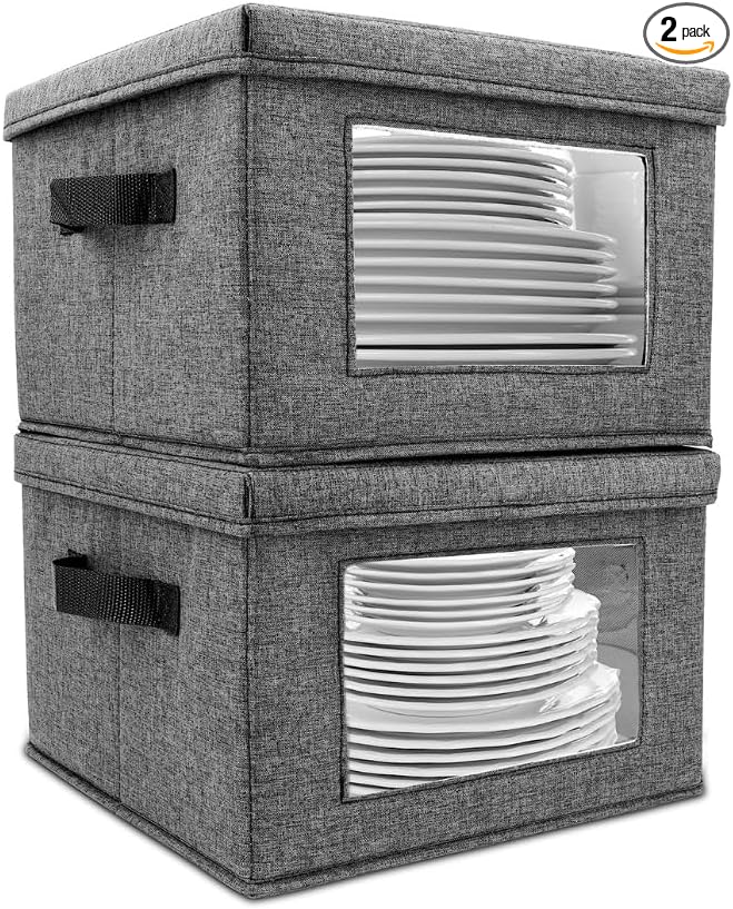 HOMELUX THEORY Hard Shell China Storage Containers for Dishes, 2pcs 10"x8" Plate Storage, Square Storage Containers with Lid, Heavy Duty Fine China Dish and Dinnerware Storage with 30 Felt Pads