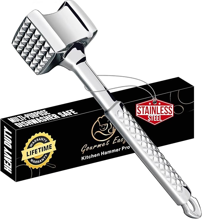 Stainless Steel Meat Tenderizer Tool, Premium Meat Mallet with Non-Slip Grip, Dual-sided Kitchen Mallet Ideal for Tenderizing Steak, Poultry & Chicken Cutlet, Dishwasher Safe with Lifetime Replacement