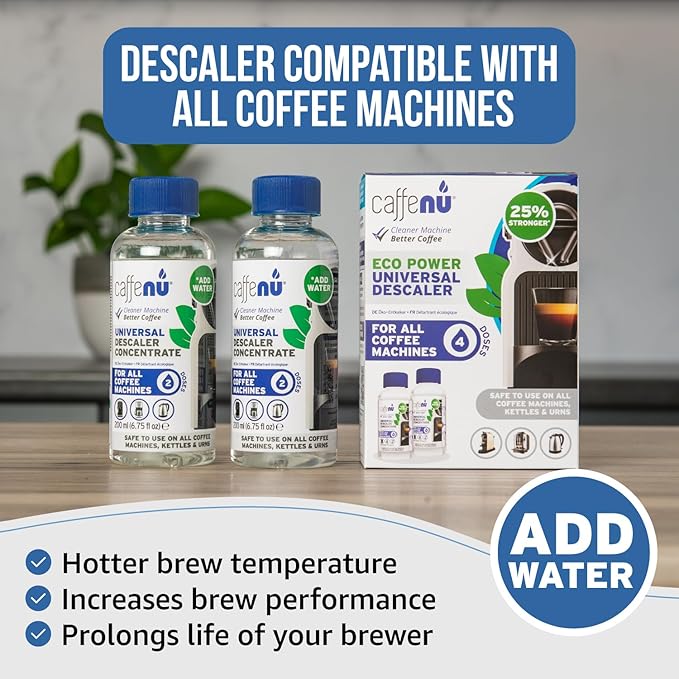 Universal Coffee Machine Descaling Solution. Coffee Machine Descaler Liquid 4 Uses. Descaler Kit. Part of your Barista Accessories Set. Compatible with Nespresso, Phillips, Lavazza, Verismo and More!