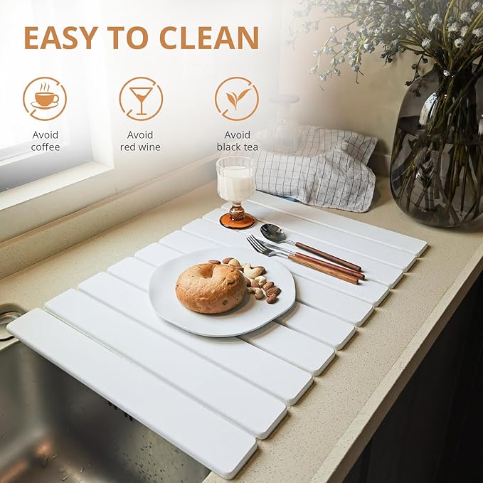 Large Stone Dish Drying Mat for Kitchen Counter, 24"×16" Quick Dry Collapsible Diatomaceous Earth Mat – Super Absorbent Foldable Drying Pad for Dishes (White, 23.2" x 15.4")