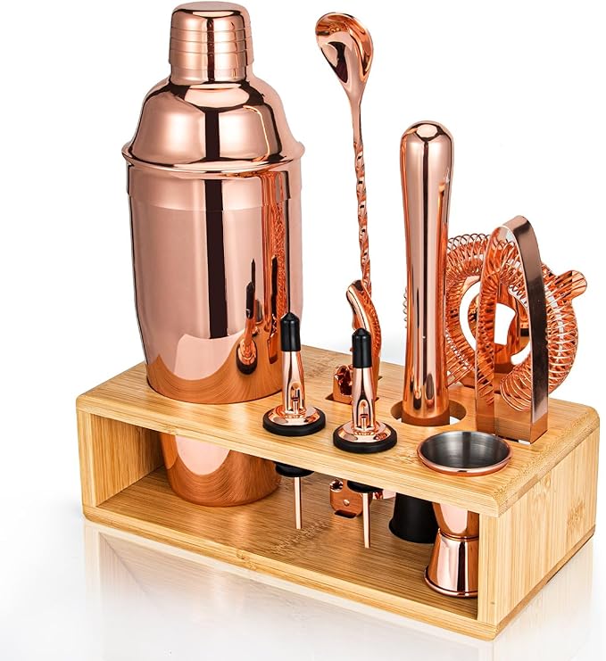 Cocktail Shaker Set, Mixology Bartender Kit 10-Piece Bar Tool Set with Stylish Bamboo Stand, Bar kit: Martini Shaker Mixing Spoon Muddler Jigger Corksrew for Barware Set | Rose