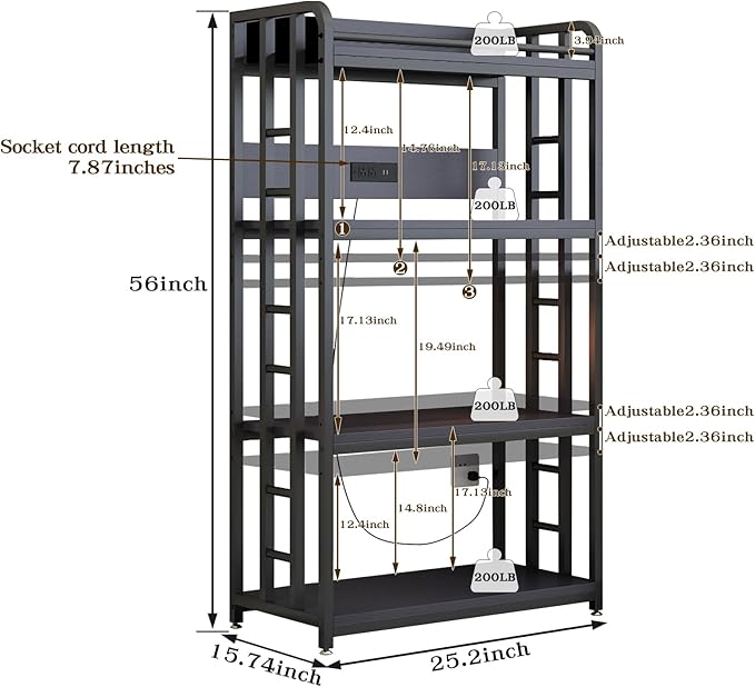 Adjustable 4-Tier Heavy Duty Kitchen Baker's Rack with Power Outlet, with Industrial Wheels, Free Standing Microwave Oven Cart Stand for Storage, Garage, Mini Fridge Stand, Black