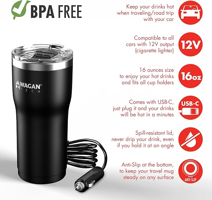 Wagan EL6101 12V Travel Car Heated Mug Portable 16oz Stainless Steel Anti-Spill Lid Slip Resistant Base Car Coffee Warmer Coffee Cup (Black)
