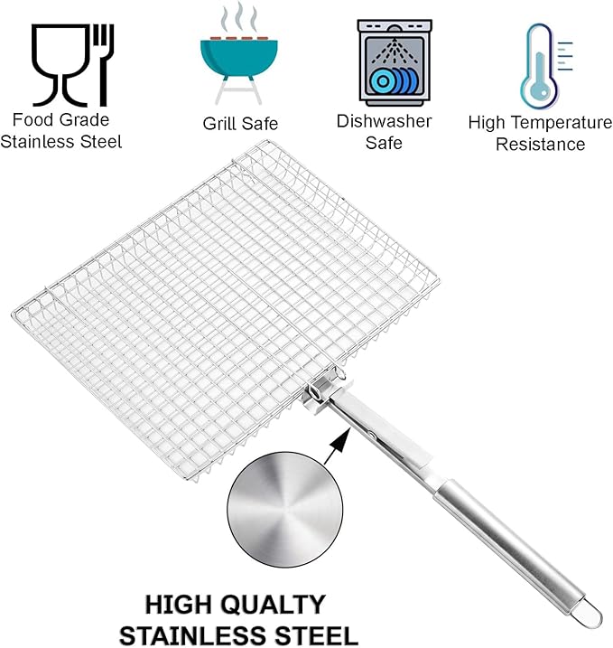 Grill Basket Extra Large,Grill Accessories for Outdoor Grill,Grilling Gifts for Men,Fish Grill Basket, Shrimp Vegetable, Veggie, Barbecue BBQ Rack, Camping Cooking, Unique Detachable Handle
