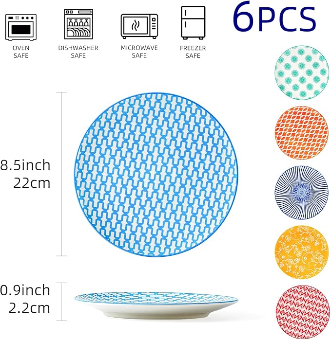 Ceramic Salad Plates Set - 8.5 Inch Small Round Dinner Dishes for Dessert Pasta Appetizer Sandwich - Scratch Resistant Porcelain Microwave Dishwasher Safe - Set of 6 - Assorted Colors