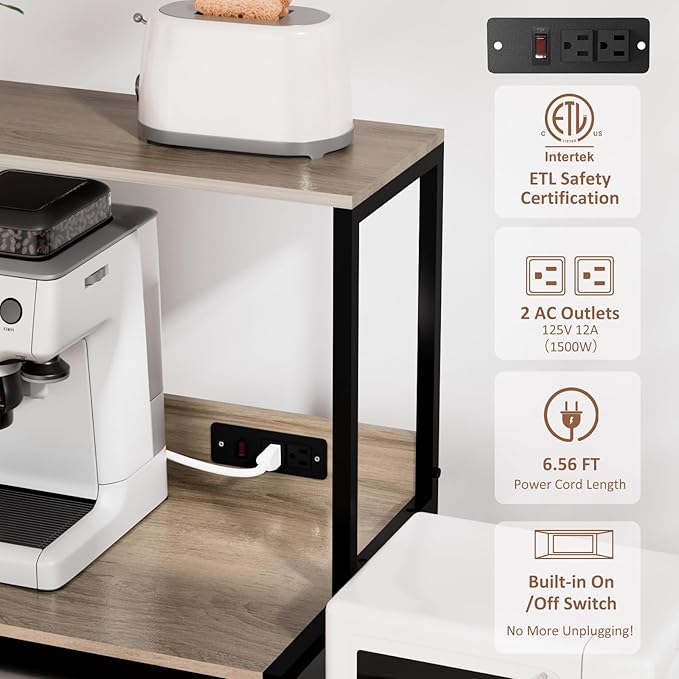 Mini Fridge and Microwave Stand over Refrigerator Storage Shelf with Power Outlet, 5 Tiers Adjustable Bakers Rack Cabinet Coffee Bar Appliance Storage Organizer for Dorm Office Kitchen, Gray