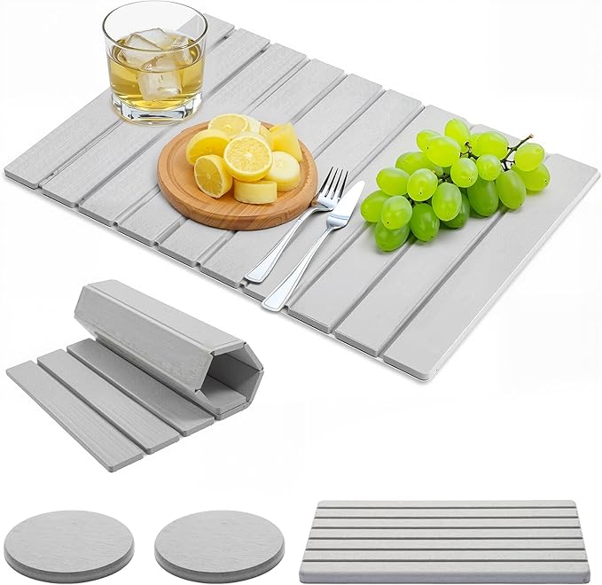 Stone Drying Mat for Kitchen Counter, 23.6"x15.4" Large Dish Drying Mat with 2 Pack Absorbent Stone Coasters 1 Seasoning Pad Quick Dry Dish Drying Mats for Kitchen Counter, Grey