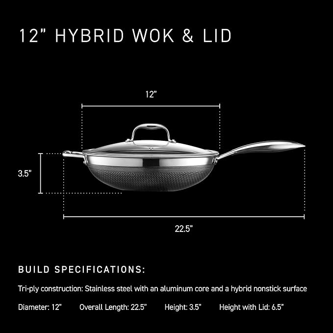 HexClad Hybrid Nonstick 12-Inch Wok, Stay-Cool Handle, Dishwasher-Friendly, Oven-Safe Up to 900°F, Induction Ready, Compatible with All Cooktops
