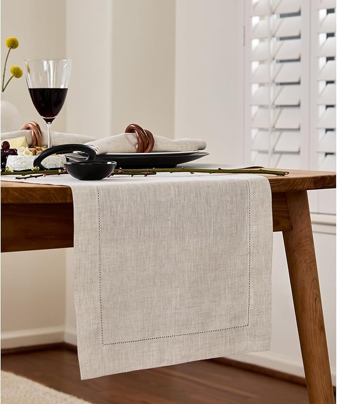 Solino Home Linen Light Natural Table Runner 48 Inches - Classic Hemstitch, 100% Pure Linen Coffee Table Runner 14 x 48 Inch Ideal for Dresser Tables - Summer, Fall, Autumn, Halloween