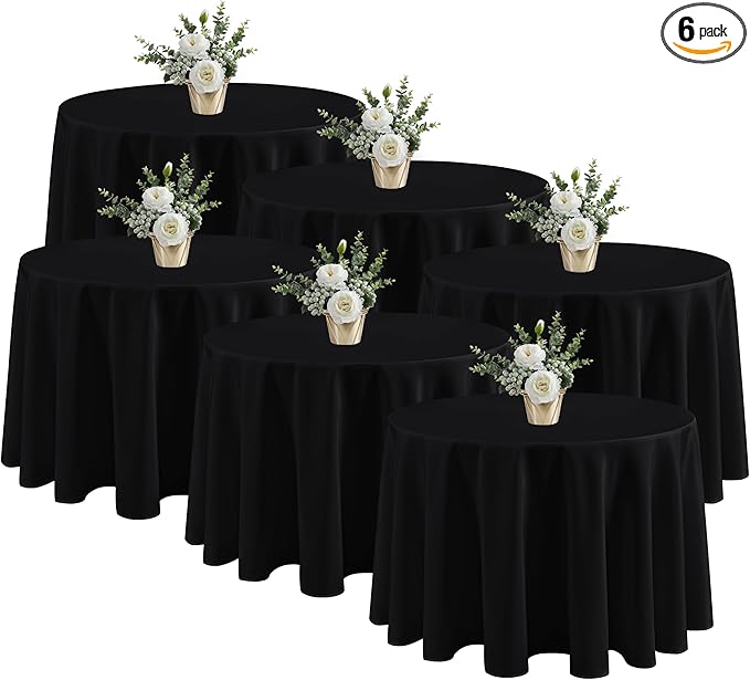 Fitable 6 Pack Black Tablecloths for Round Tables - 108 Inches in Diameter - Stain Resistant and Washable Table Clothes, Polyester Fabric Table Covers for Wedding, Party, Banquet, Formal Events