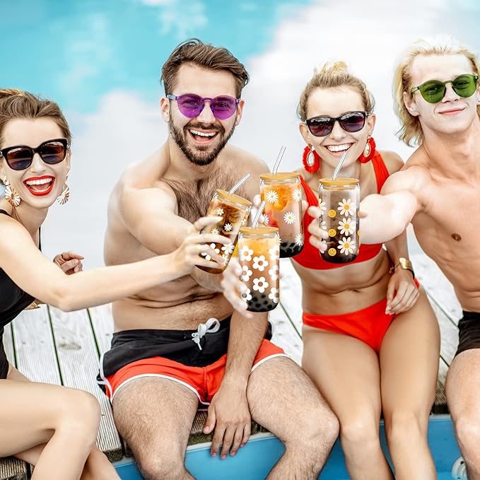 meekoo 8 Pcs Glass Cups with Bamboo Lids and Straws 16 oz Beer Can Shaped Iced Coffee Drinking Cup Employee Appreciation Gift for Wine Tea Water - 4 Cleaning Brushes(Daisy)