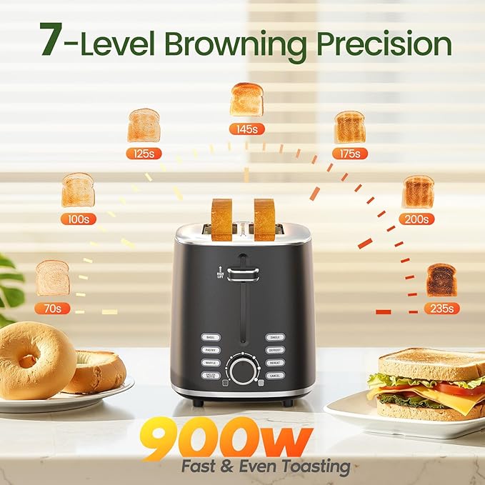 Toaster 2 Slice, Wide Slot for Toasting Bagel Muffin Waffle Gluten Free Breads, 7 Shade Settings, Defrost & Reheat, Stainless Steel, Easy Clean, Black