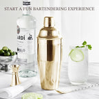 KITESSENSU Cocktail Shaker Set, Stainless Steel Bartending Kit with 25 Ounce Cocktail Shaker with Built in Drink Strainer, Measuring Jigger, Mixing Spoon & Drink Recipe Guide, Gold