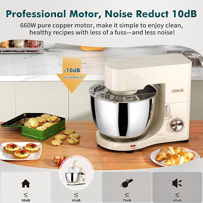 COOKLEE Stand Mixer, 9.5 Qt. 660W 10-Speed Electric Kitchen Mixer with Dishwasher-Safe Dough Hooks, Flat Beaters, Wire Whip & Pouring Shield Attachments for Most Home Cooks, White