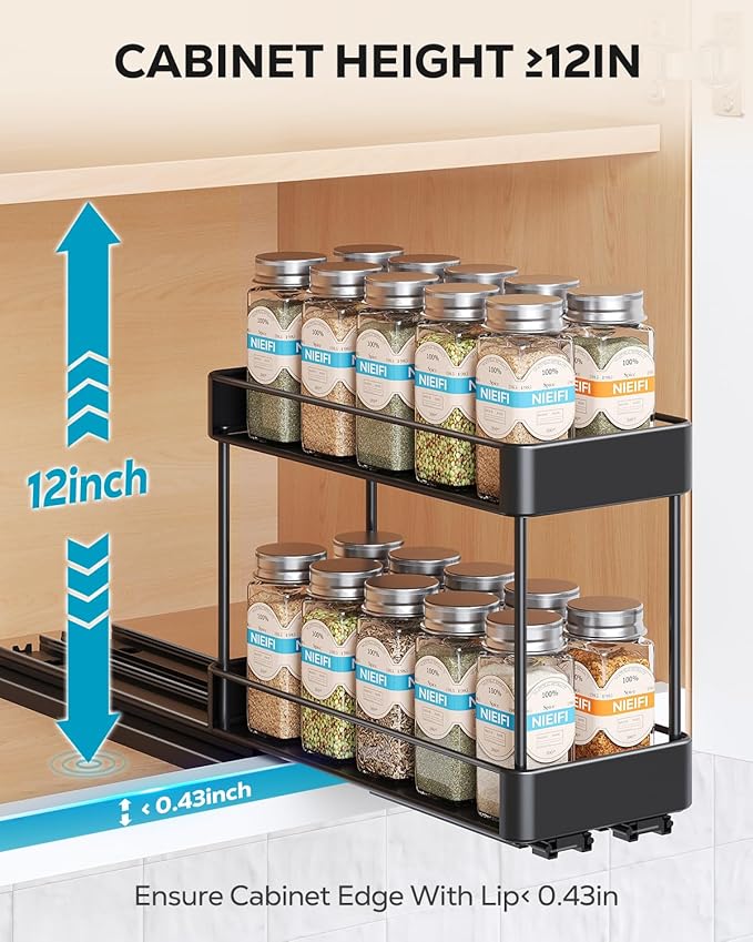 Nieifi Spice Rack Organizer for Cabinet, Vertical Spice Rack Pull Out, Easy to Install, Metal, 4.5''Wx10.35''Dx8.4''H, 2 Pack, 2 Tiers(Black)