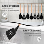 P&P CHEF Silicone Cooking Utensils Set, 8-Piece Kitchen Cooking Utensil with Wooden Handle, Silicone Spatula for Nonstick Cookware, Heat-proof & Easy Clean, Black